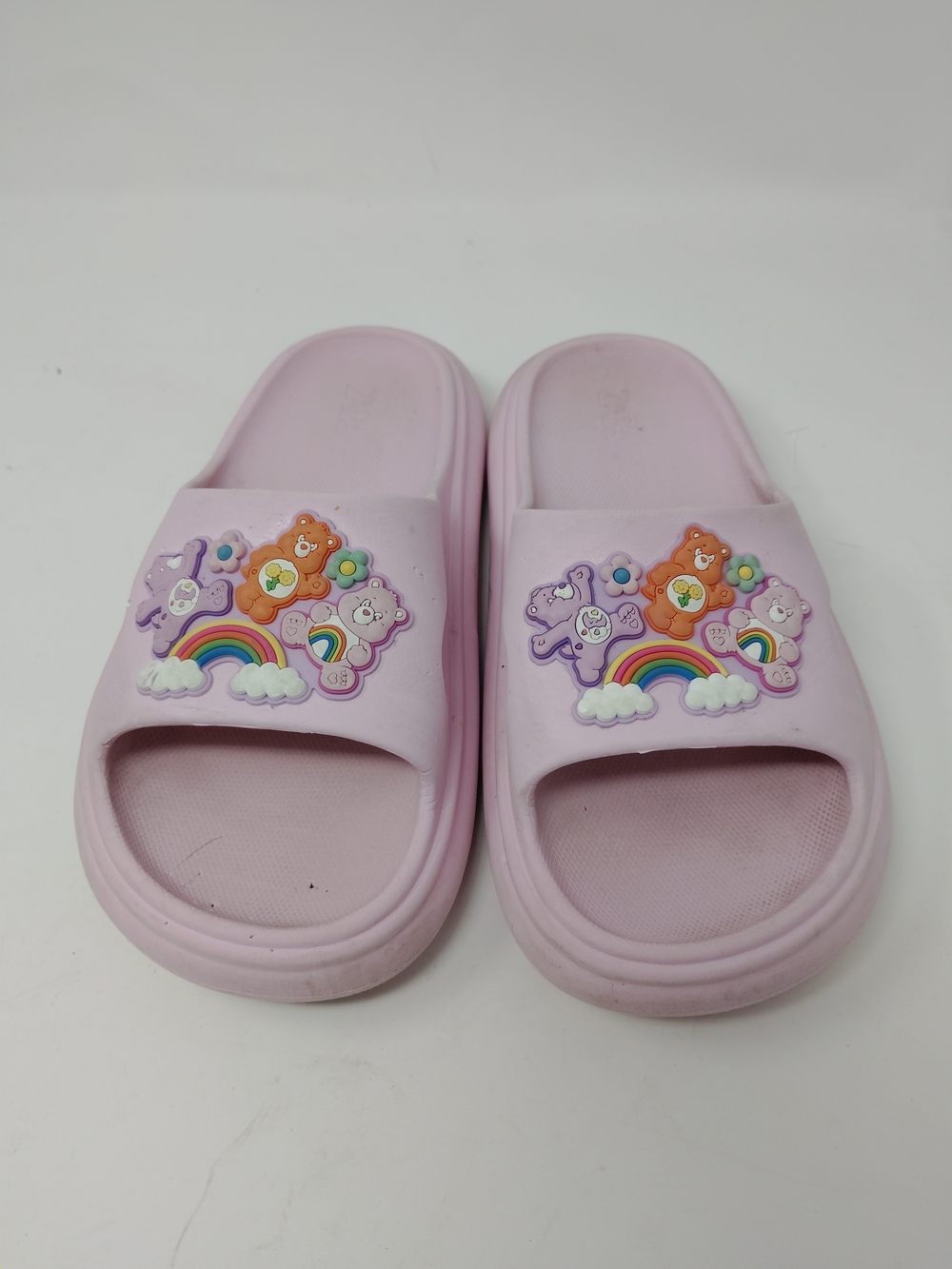 Zara Pink Slide Sandals with Care Bears and Rainbow Design